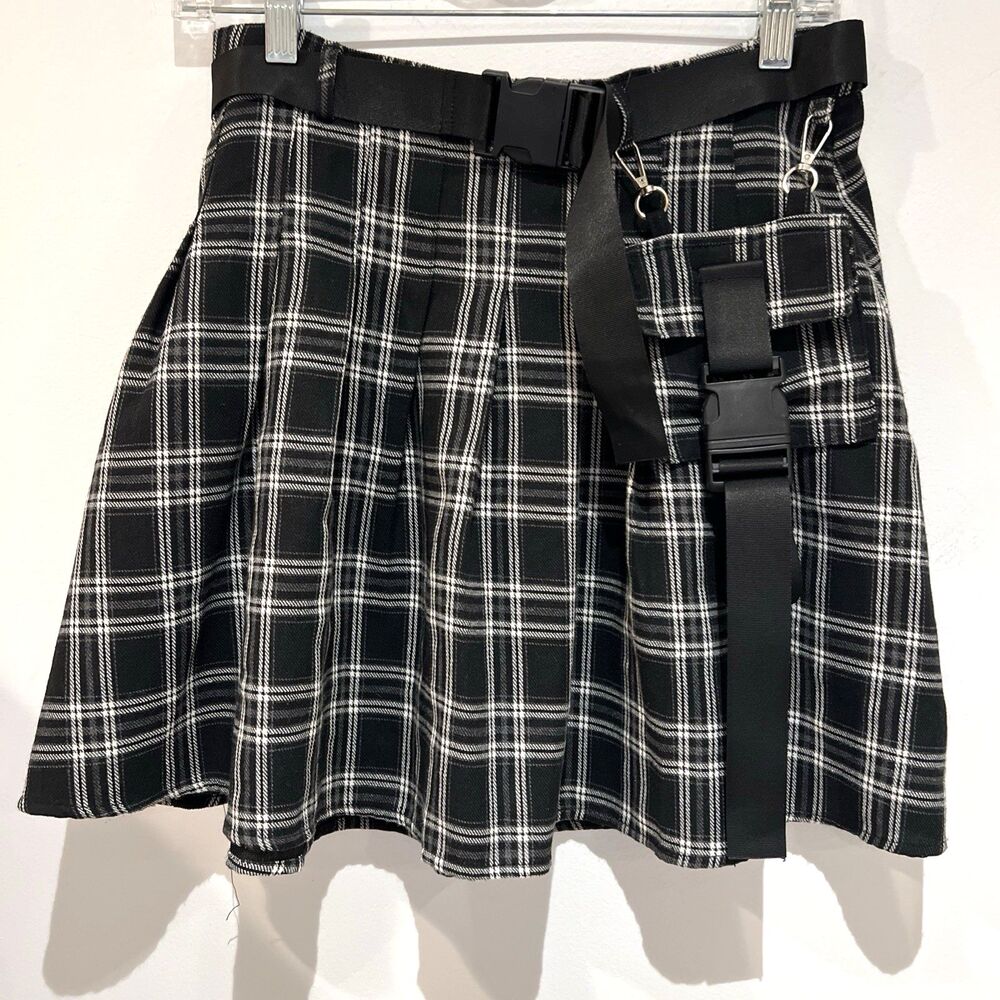 Women’s Plaid Pleated Mini Skirt School Girl Skater Girl Goth Grunge Punk Belt M